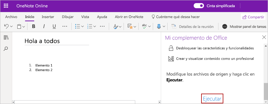 El complemento creado en este tutorial, en el que el botón de cinta de opciones Mostrar del panel de tareas se usa para el botón del panel de tareas en OneNote.