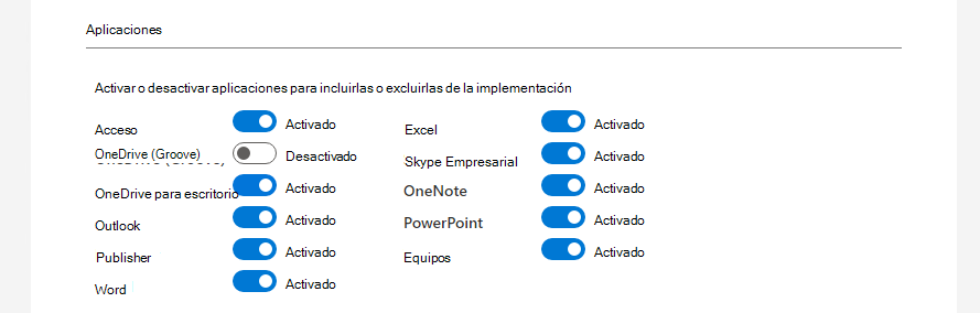 Captura de pantalla de las opciones de configuración en el asistente de instalación de cliente de Office en la que se muestran los botones de alternancia para incluir o excluir aplicaciones como Skype Empresarial, Outlook y Excel de su implementación.