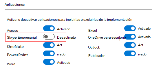 Captura de pantalla de las opciones de configuración de la Herramienta de personalización de Office en la que se muestran los botones de alternancia para incluir o excluir aplicaciones como Skype Empresarial, Outlook y Excel de su implementación.