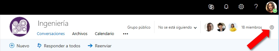 Captura de pantalla del icono de Configuración de grupo en Outlook en la Web