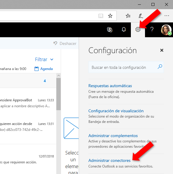 Captura de pantalla del menú Configuración en Outlook en la Web.