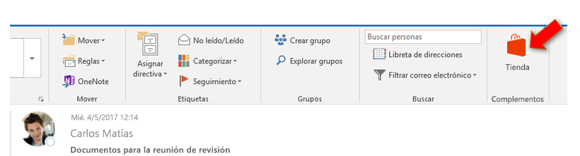 Captura de pantalla del botón Tienda en Outlook 2016 en Windows