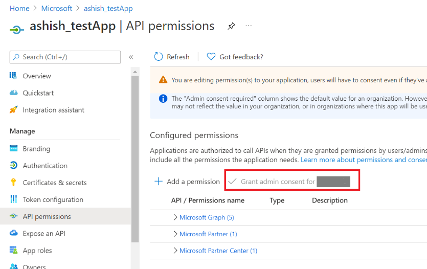 Captura de pantalla que muestra el botón de alternancia para consentimiento del administrador en la pantalla permisos de API.