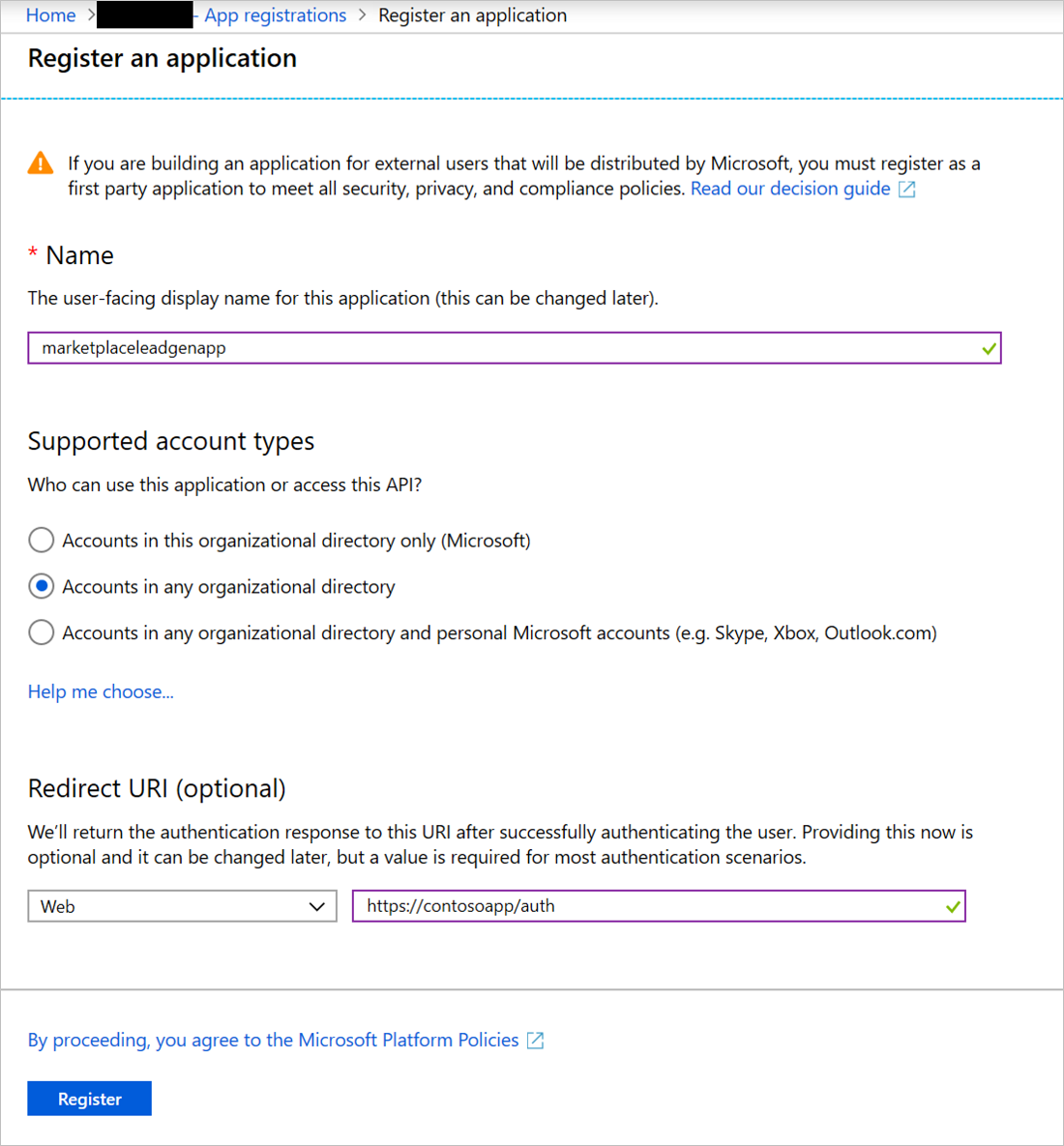 Captura de pantalla que ilustra la página Registrar una aplicación.