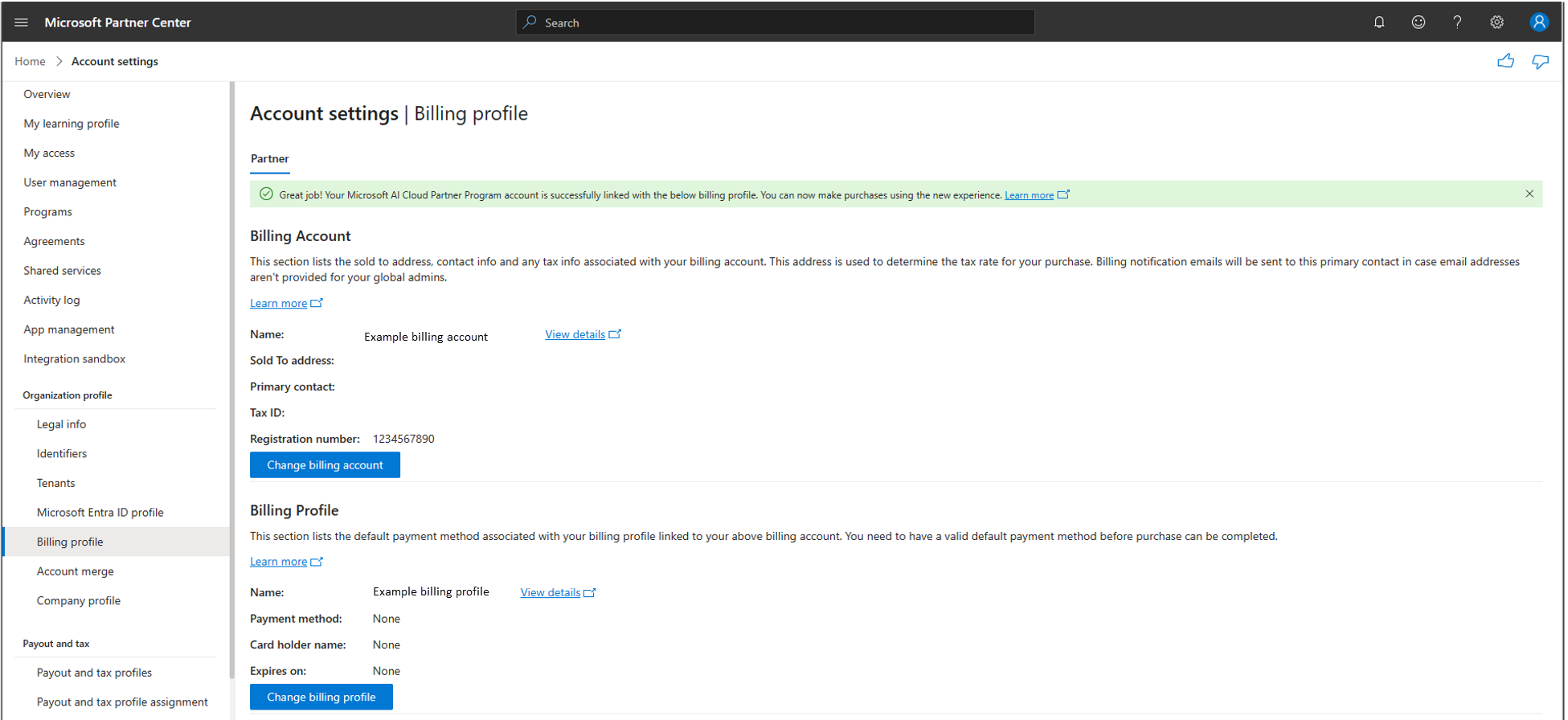 Screenshot of the account settings billing profile page.