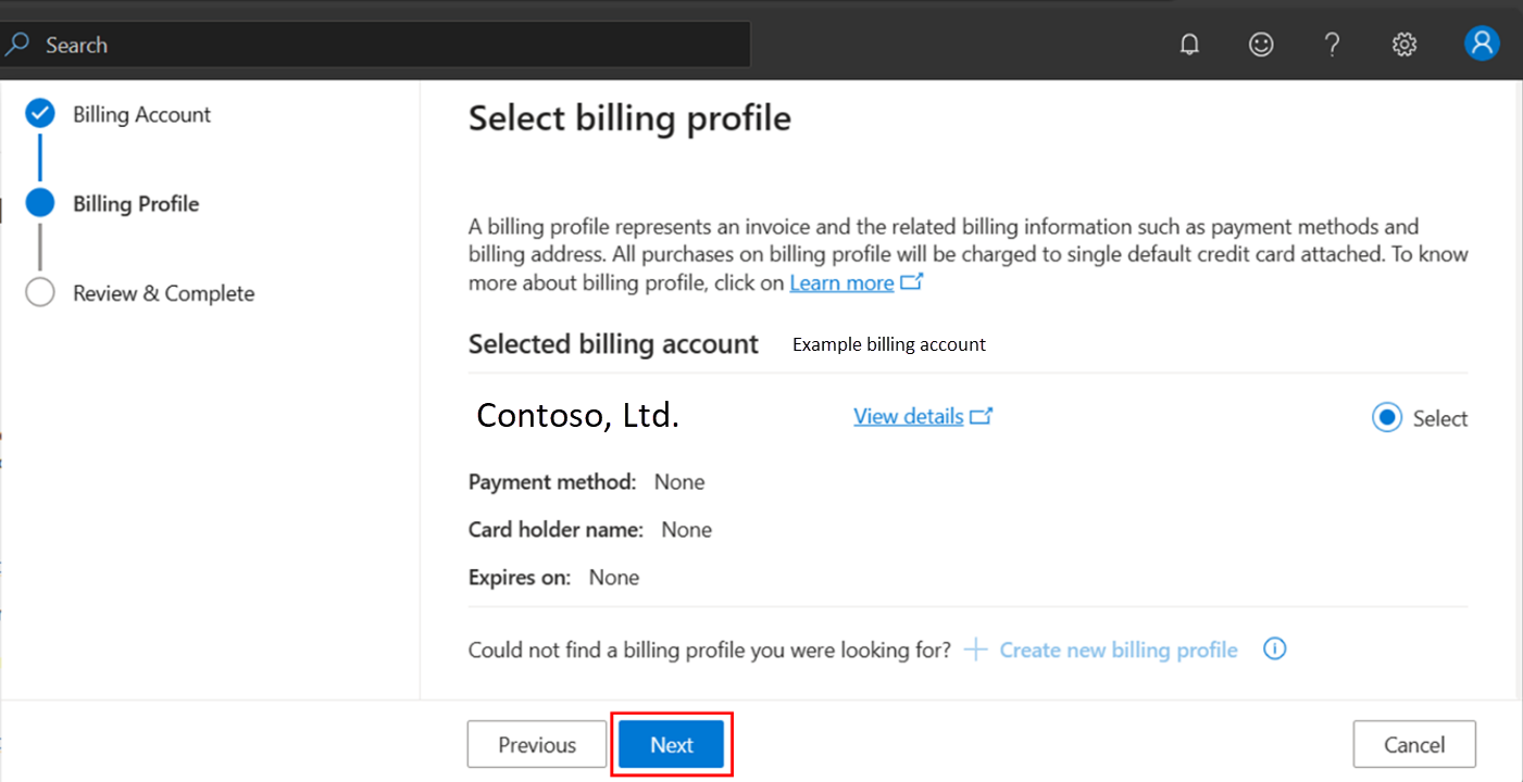 Screenshot of the Select billing profile window.