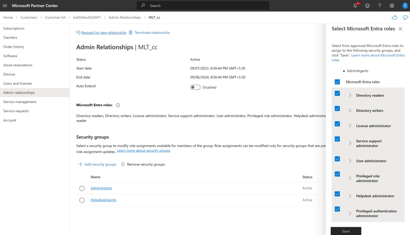 Screenshot of the customer's view of the Admin Relationship screen, with the Security Groups details visible.
