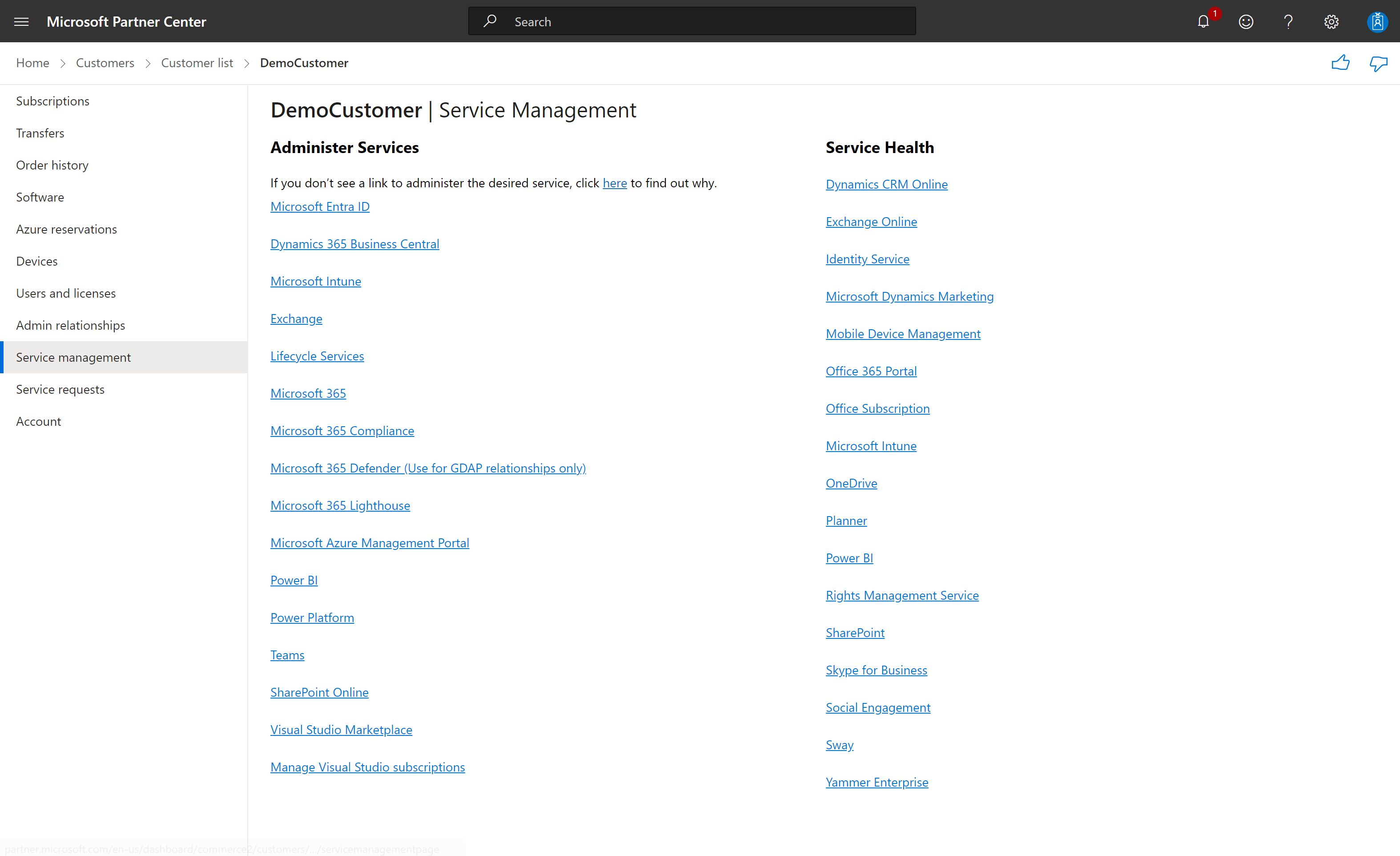 Captura de pantalla que muestra una página de administración del servicio al cliente.