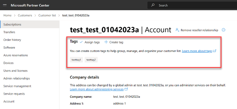 Screenshot of assigning customer tags from an individual customer page in Partner Center.