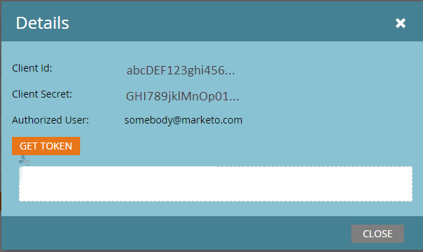 Captura de pantalla que muestra los detalles de acceso de Marketo API.