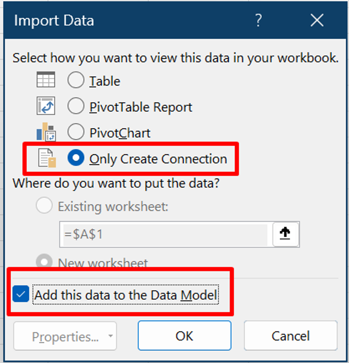 Captura de pantalla de la ventana Importar datos, con dos elementos resaltados: Crear solo Conectar ions y Agregar estos datos al modelo de datos.