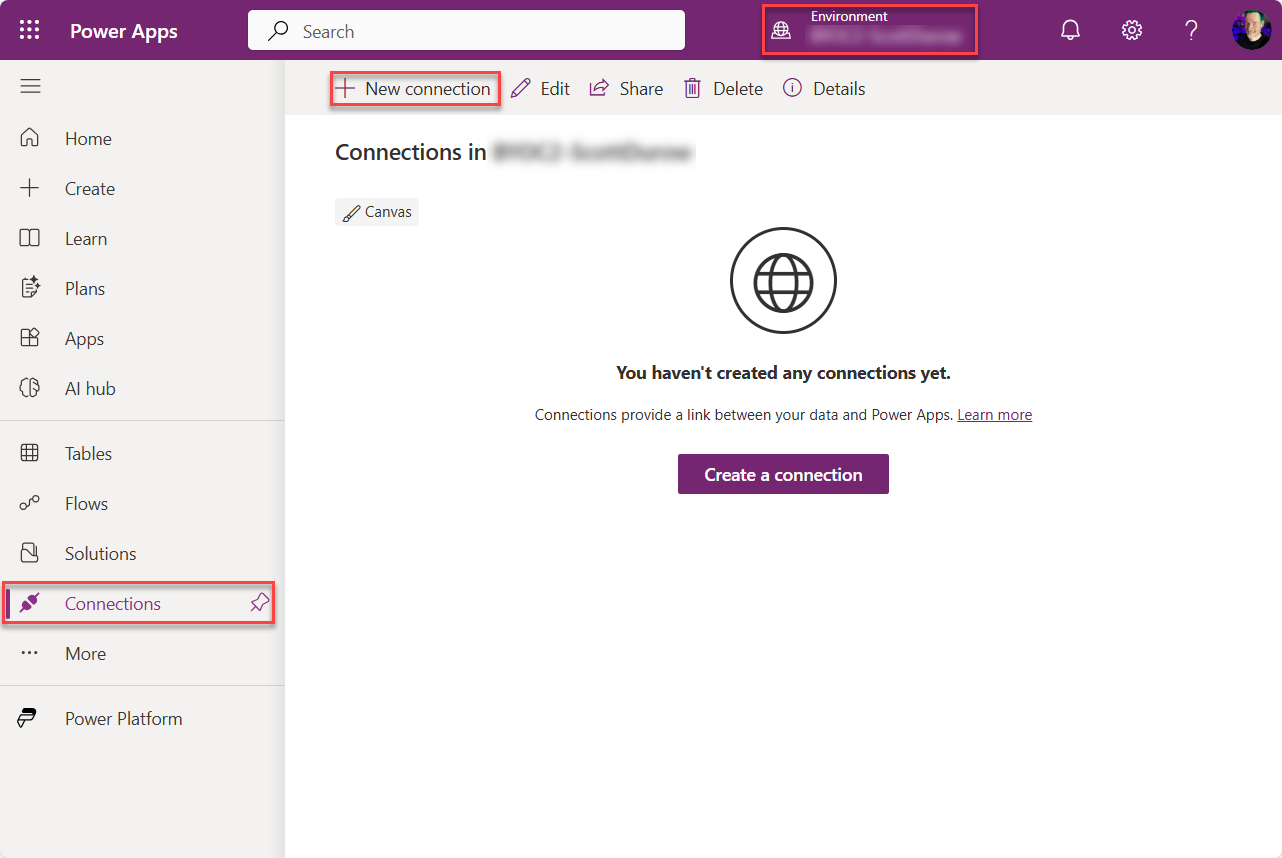+ Nueva conexión en Power Apps