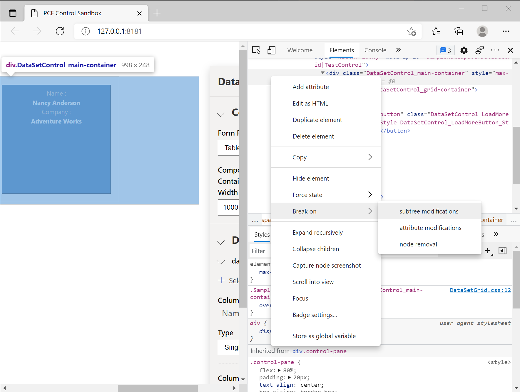 Captura de pantalla del menú DevTools de Microsoft Edge para pausar ante modificaciones del subárbol.