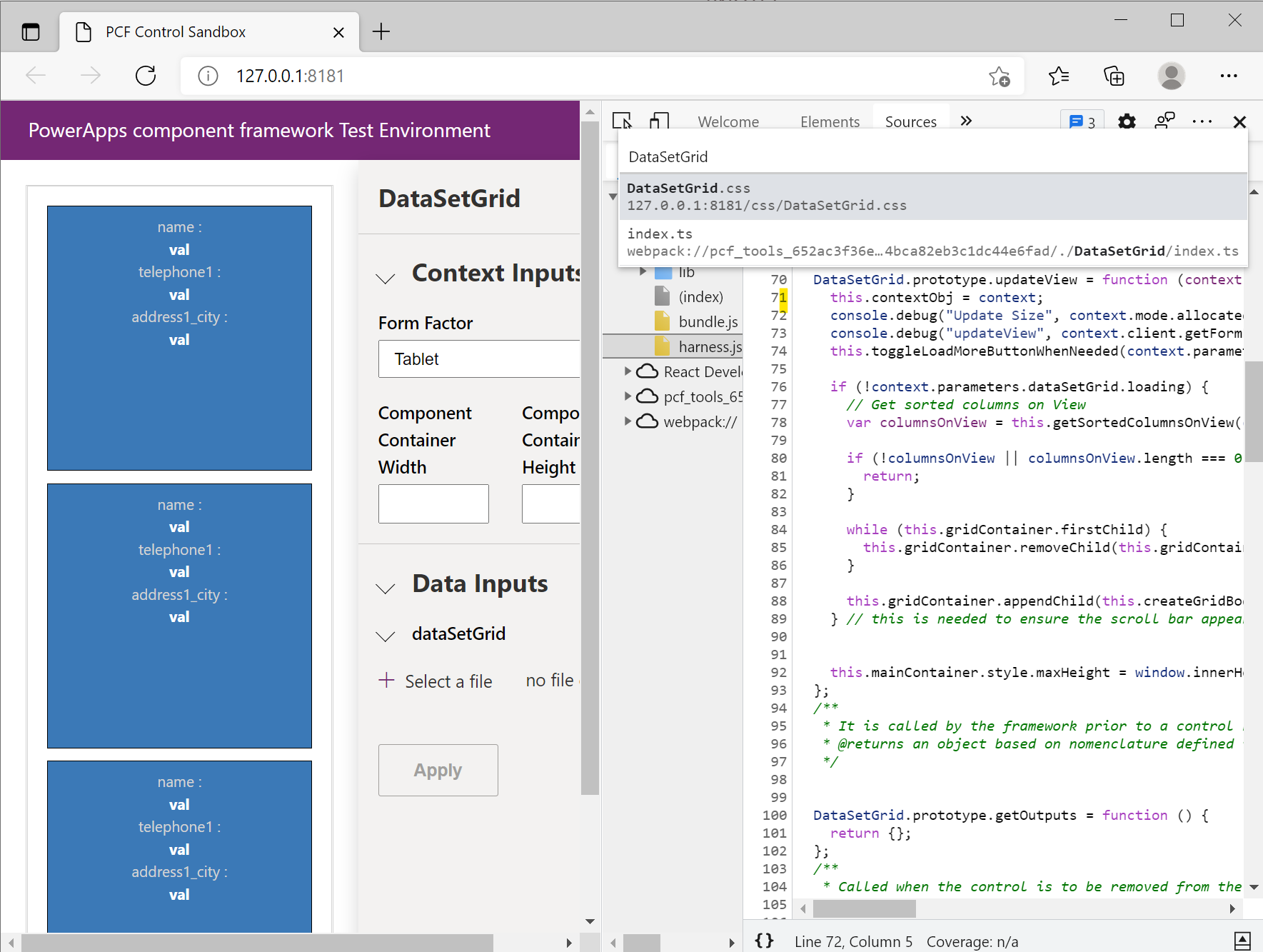 Captura de pantalla de Microsoft Edge DevTools que muestra un archivo fuente de TypeScript de un componente de código.
