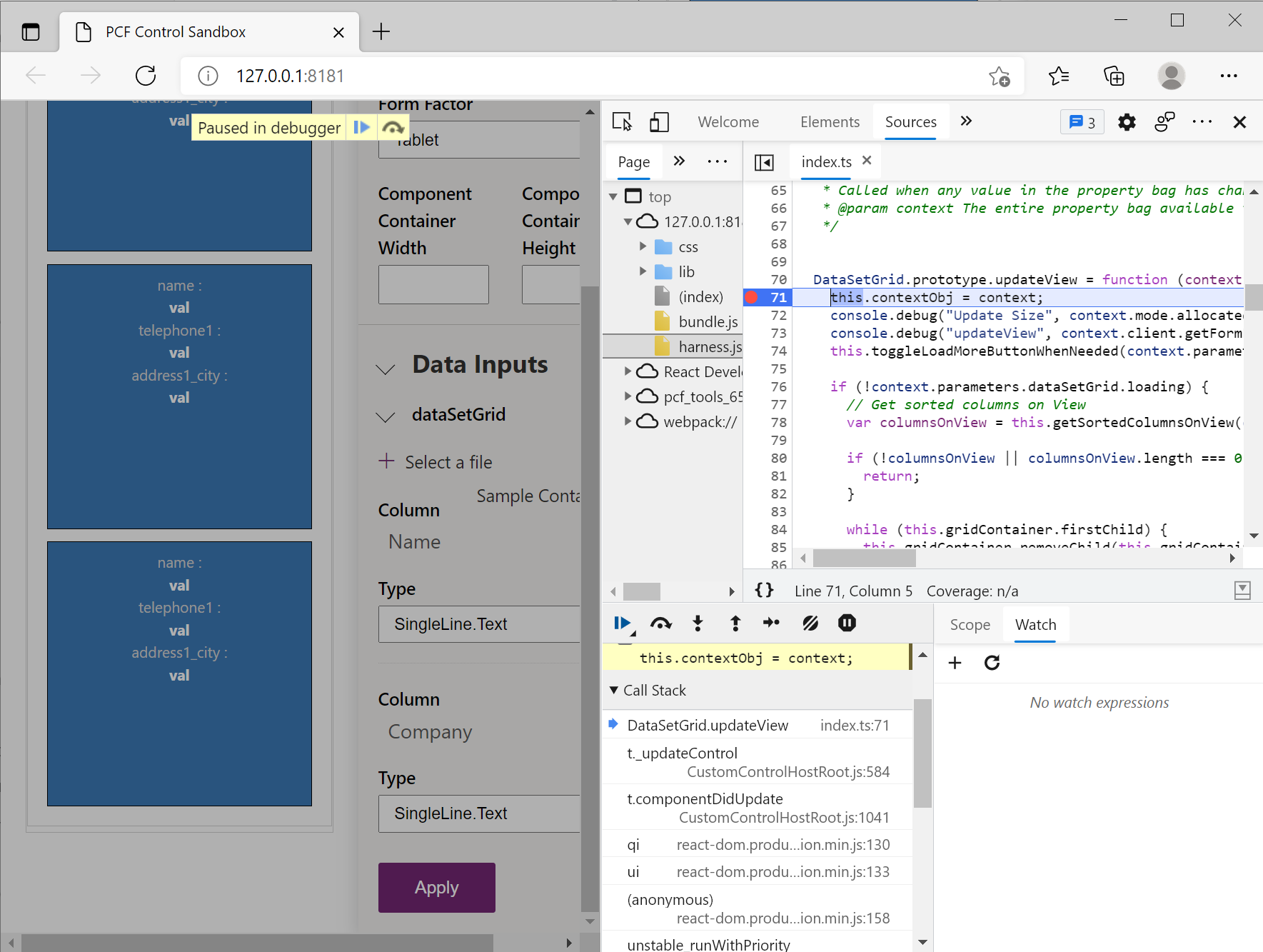 Captura de pantalla de Microsoft Edge DevTools en pausa en un punto de interrupción updateView.