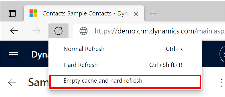 Captura de pantalla del comando «Vaciar la caché y forzar la actualización» de Microsoft Edge.