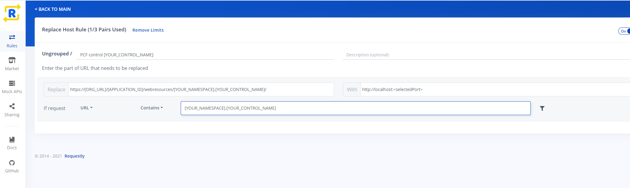 Captura de pantalla de una regla Replace Host de Requestly para los archivos locales de componentes de código.