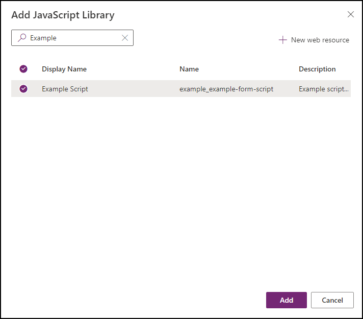 Cuadro de diálogo Agregar biblioteca de JavaScript