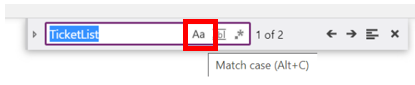 El icono del refinador de Coincidir mayúsculas y minúsculas en el control Find and Replace