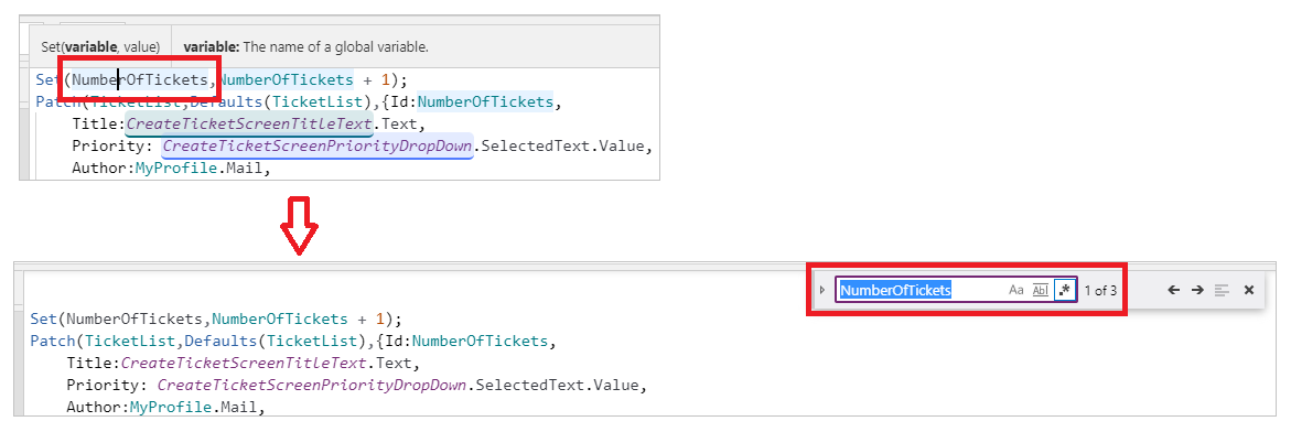 Cursor colocado en la parte de la fórmula para buscar y reemplazar y otra pantalla con el control Find and Replace abierto.