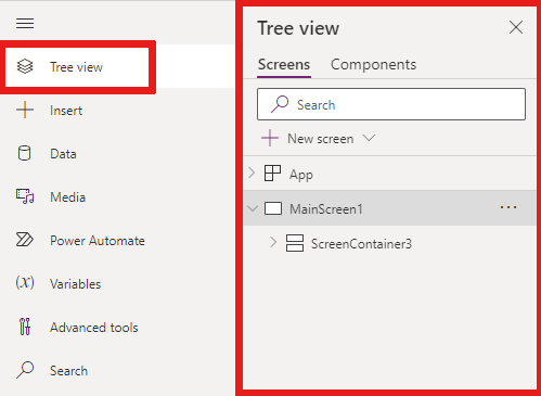 Captura de pantalla que muestra el panel Vista de árbol cuando selecciona Vista de árbol en el menú de creación.