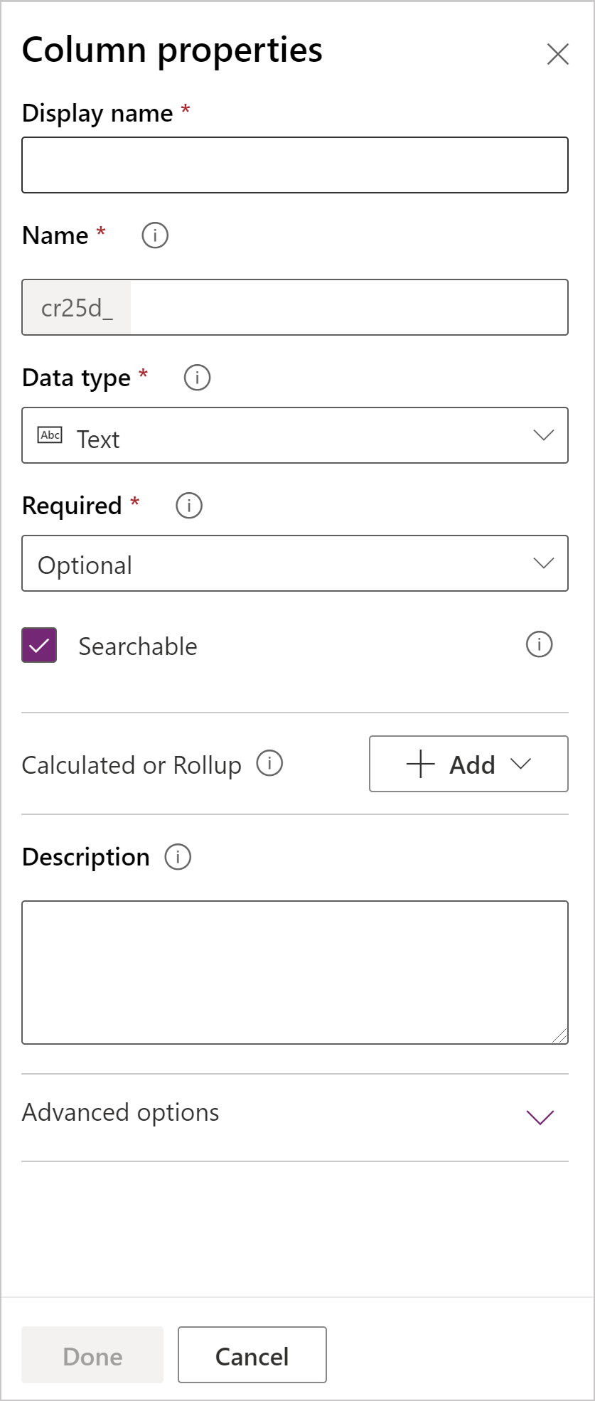 Column Properties pane