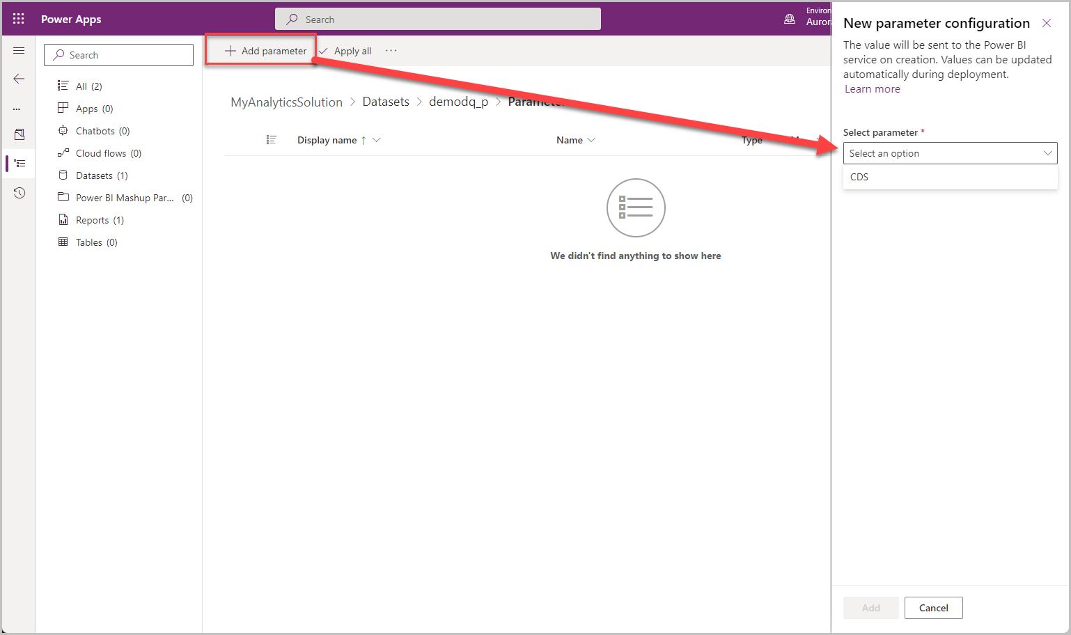 Captura de pantalla de cómo agregar un nuevo parámetro de Power BI.