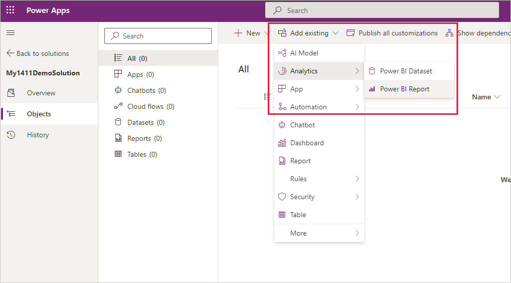 Captura de pantalla del menú Agregar análisis que muestra el componente de Power BI conjunto de datos y las opciones de informe.