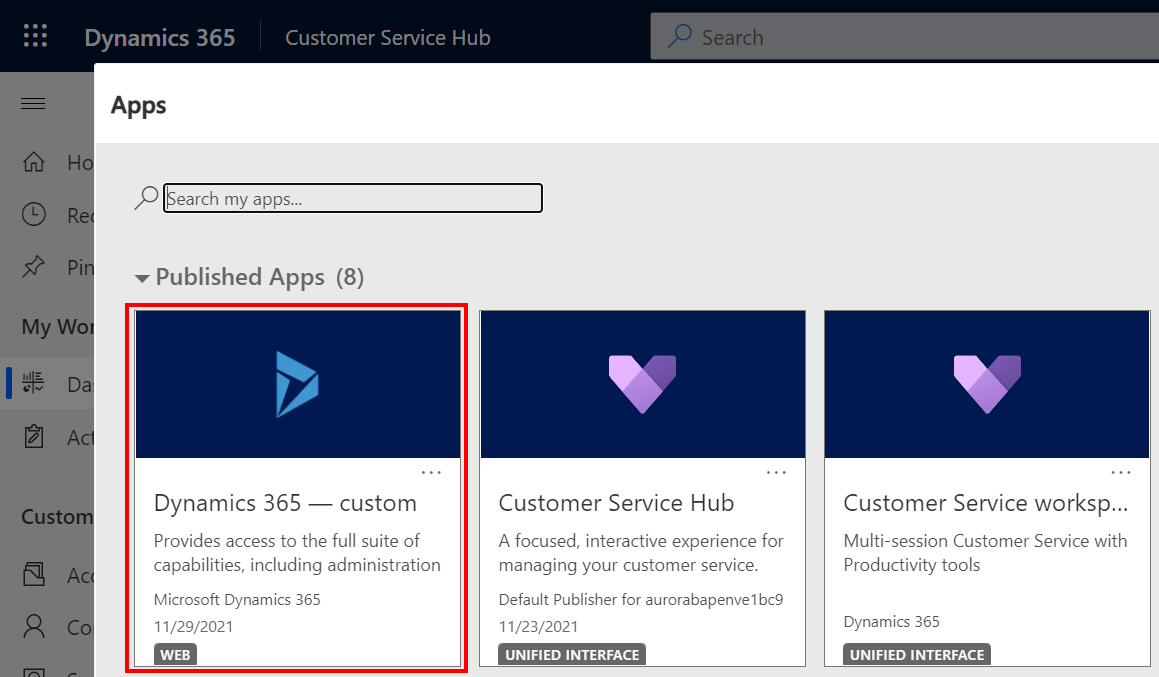 Aplicación heredada en el selector de aplicaciones