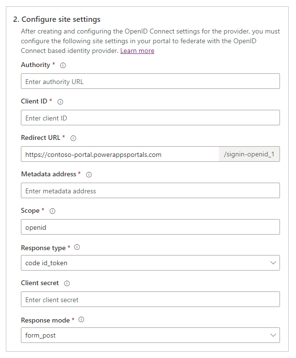 Configurar los ajustes del sitio OpenID Connect Configurar los ajustes del sitio OpenID Connect.