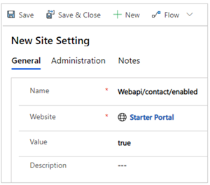 Habilite la tabla de contactos para la configuración del sitio de API web.