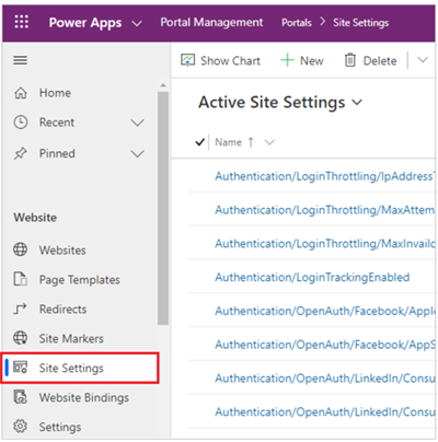 Abra la configuración del sitio en la aplicación Administración del portal.