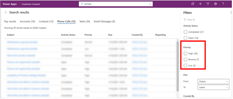 La faceta Prioridad tiene los valores Alta, Normal y Baja La faceta Prioridad tiene valores de Alto, Normal y Bajo.