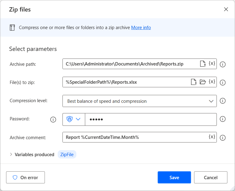 Captura de pantalla de la acción archivos ZIP.