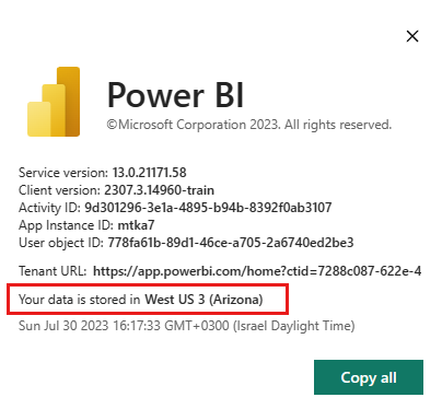 Captura de pantalla en la que se muestra Acerca de Power BI con la ubicación de almacenamiento de datos resaltada.
