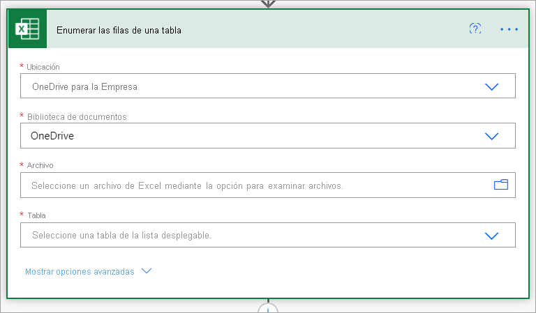 Screenshot that shows where to select the location of the Excel Online table.