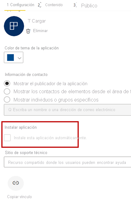Captura de pantalla en la que se muestra la opción Publicar aplicación de Power BI con la opción Instalar aplicación seleccionada automáticamente.