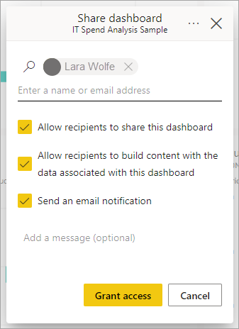 Captura de pantalla del cuadro de diálogo Conceder acceso a un panel.