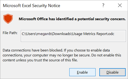Captura de pantalla del aviso de seguridad de Excel.