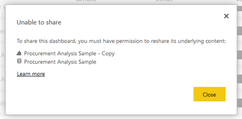 Captura de pantalla que muestra el mensaje que indica que no puede compartir el contenido subyacente.