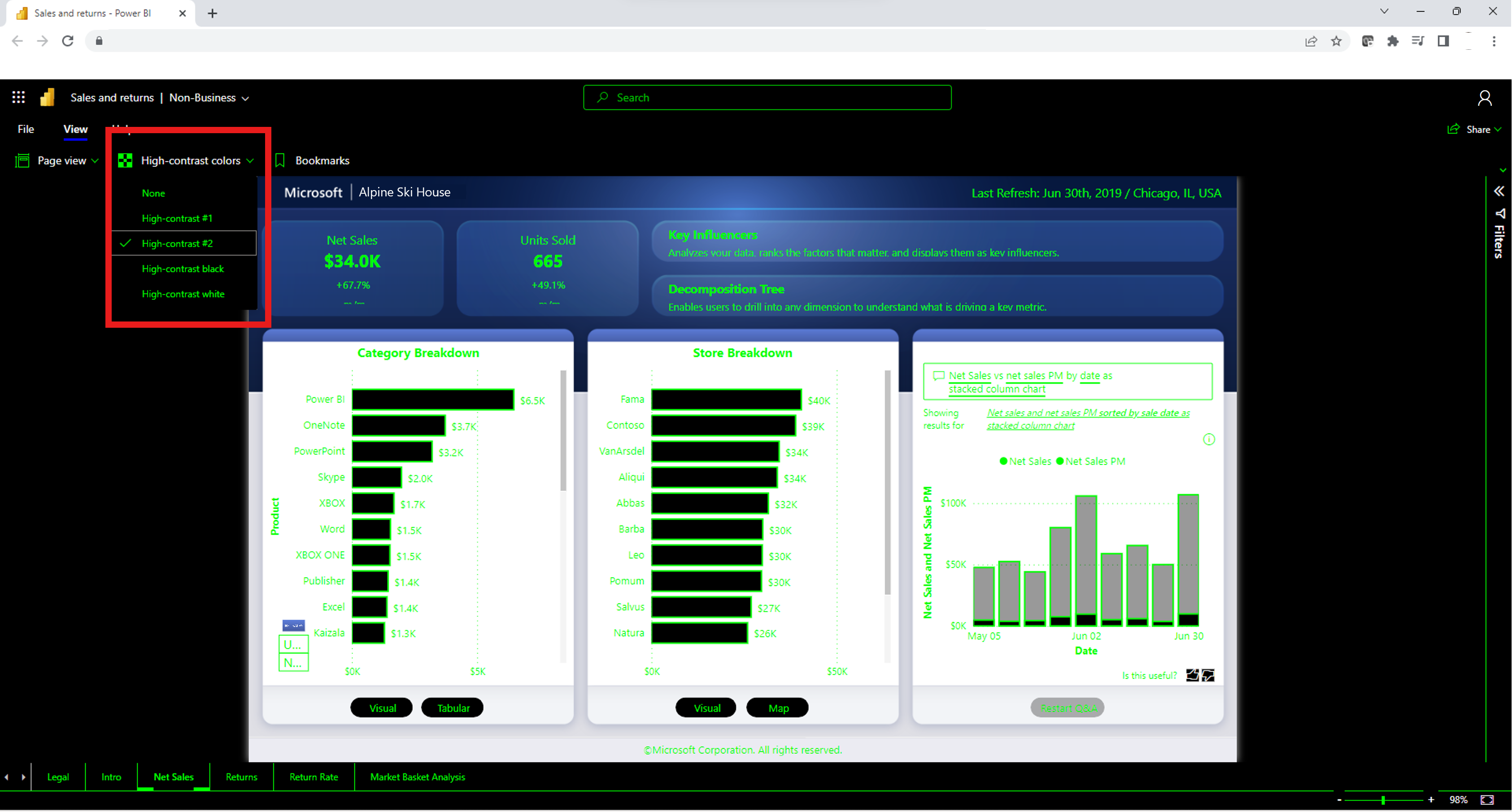 Captura de pantalla de las opciones de color de alto contraste.