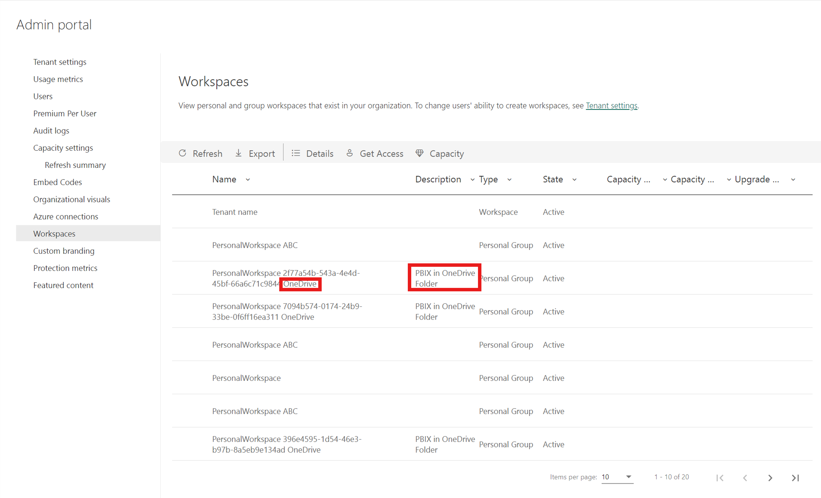Captura de pantalla de la nomenclatura de creación del área de trabajo de administrador de Power BI.