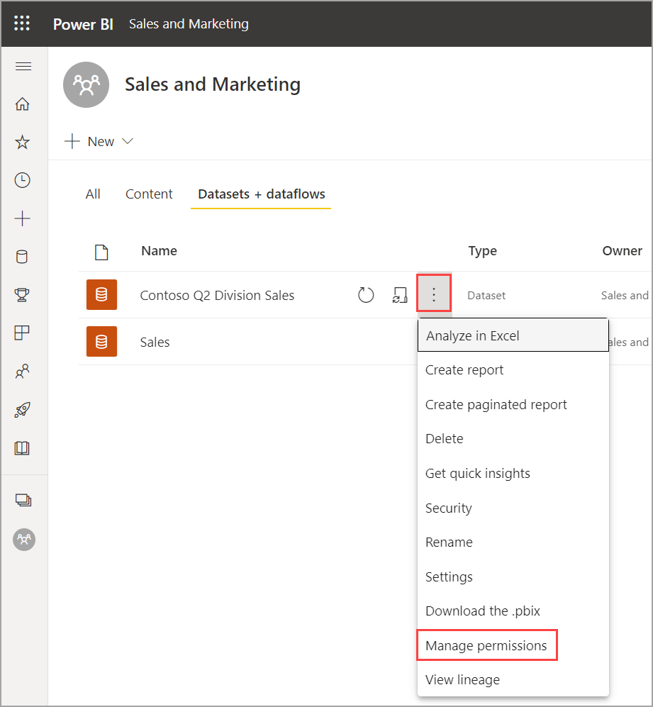 Captura de pantalla que muestra dónde seleccionar Más opciones y, a continuación, elija Administrar permisos.
