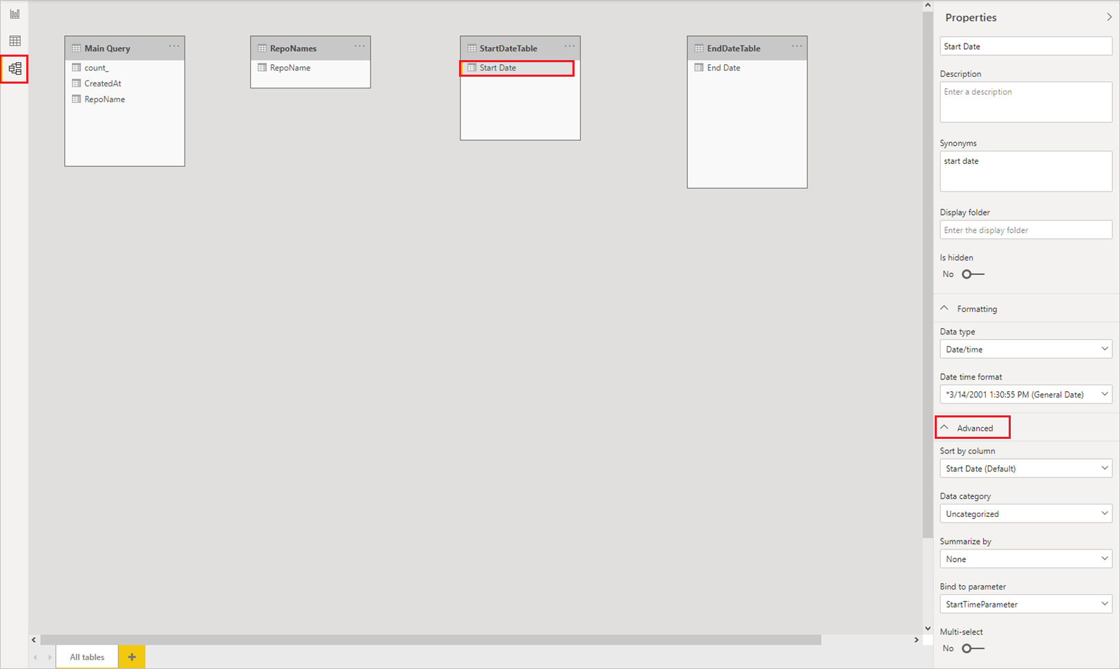 Captura de pantalla que muestra el enlace del campo a un parámetro.