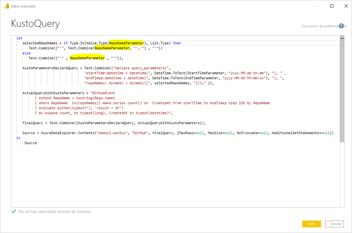 Captura de pantalla que muestra un ejemplo de valor múltiple.