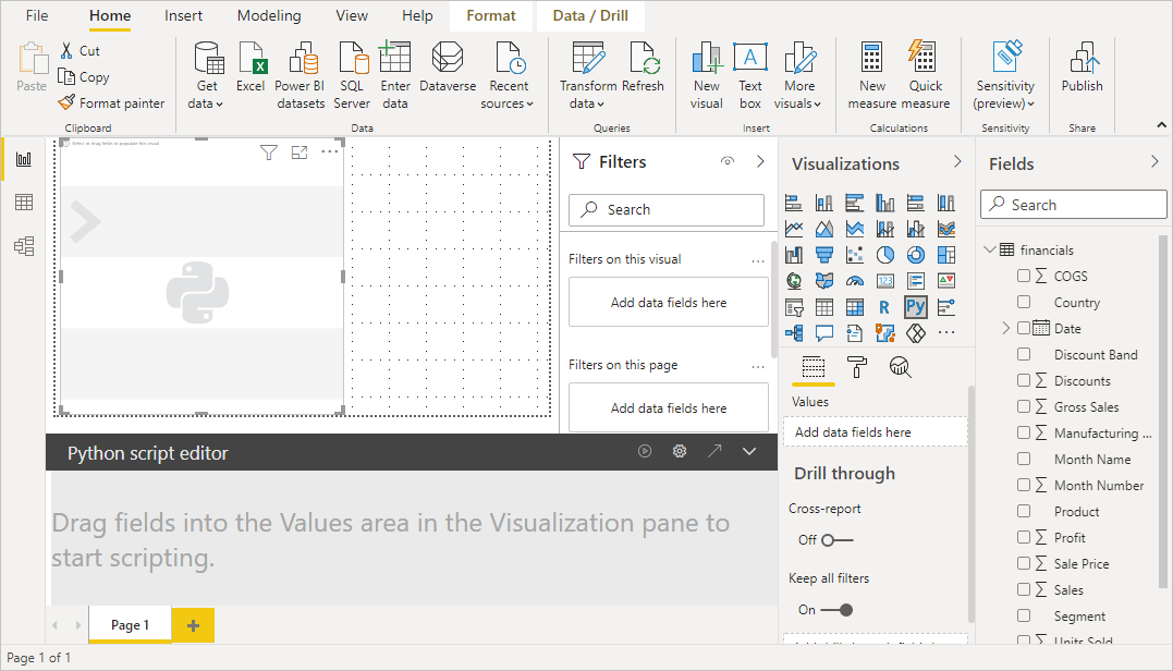 Screenshot of the Visualizations pane, showing a blank Python visual.