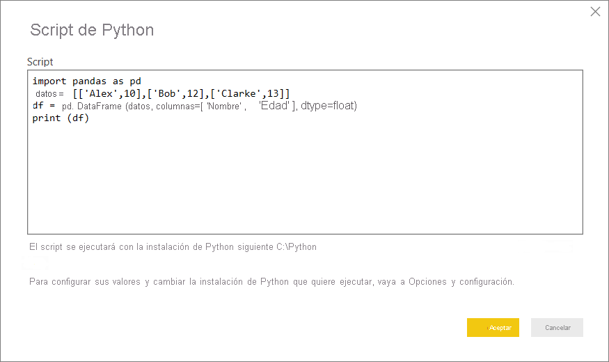 Screenshot that shows pasting the sample Python script into the Python script dialog box.