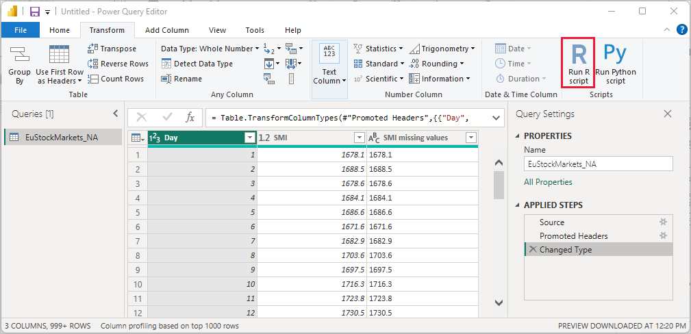 [Screenshot shows Power Query Editor with Run R Script selected.
