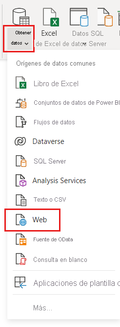 Screenshot of Power Query Editor with the Get data menu and Web source selected.