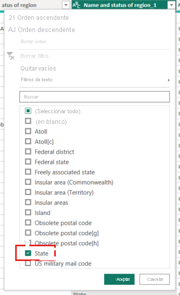 Screenshot of Power Query Editor showing a column filter with only the State value selected.